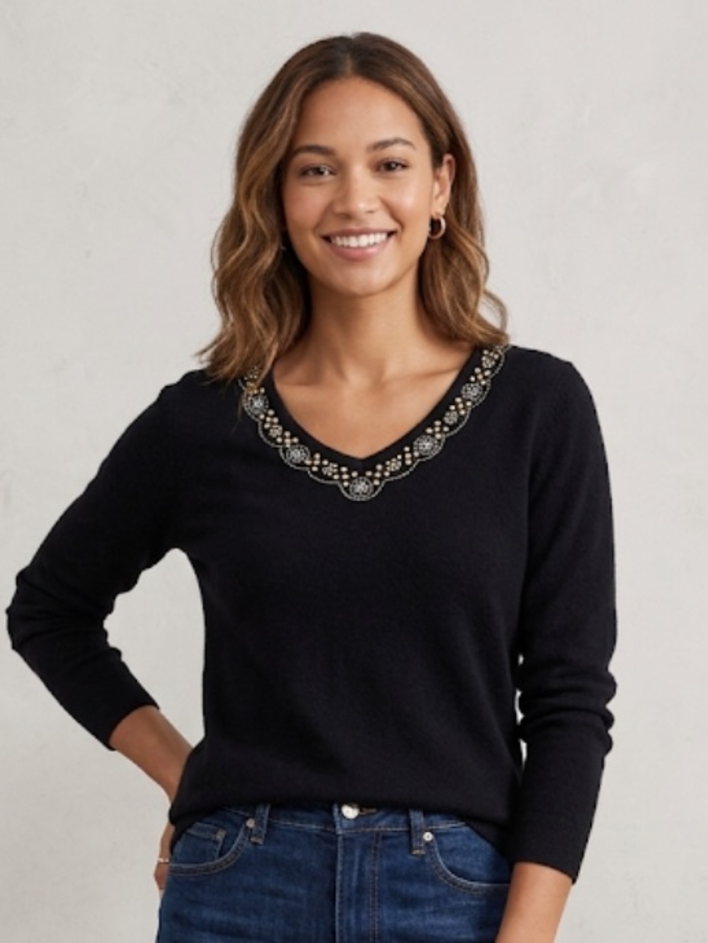 Debbie Morgan Elegant Black V-Neck Sweater with Gold Details